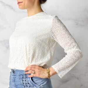 1960s Lace Blouse Size Medium 60s Sheer Sleeve Blouse Unlined Sleeves and Metal Zipper
