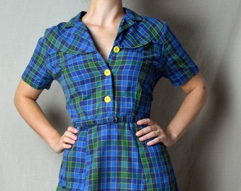 1940s Plaid Dress Size Medium 40s Cotton Dress Checkered Day Dress