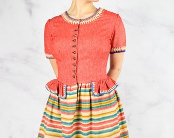 1940s Rainbow Dress Size Small 40s Striped Peplum Dress with Crochet Details Wool Button Front Dress