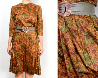 1960s Autumnal Dress Size Small 60s Fall Colors Dress Vintage Abstract Floral Dress