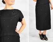 1950s Studded Black Silk Wiggle Dress with Peplum and Bow Kick Pleat 32 quot Waist