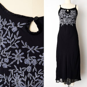 1990s Maxi Dress Size Medium 90s Embroidered Dress Y2K Dress Black Bias Cut Rayon Dress