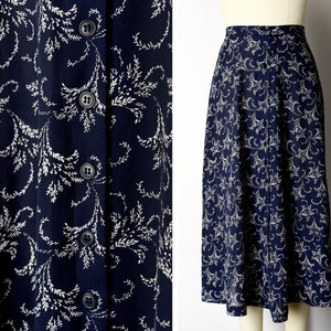 1990s Navy Midi Skirt Size Small 90s Button Front Skirt Vine Bouquet Print Boho Skirt