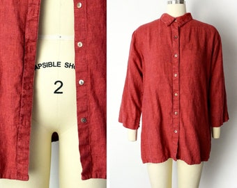 1990s Linen Blouse Size Large 90s Minimalist Linen Top Red Linen Button Down Shirt