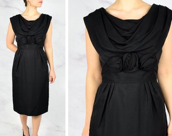 1960s Little Black Dress Size Small 60s Sheath Dress Black Rose Details Vintage Cocktail Dress Party Dress