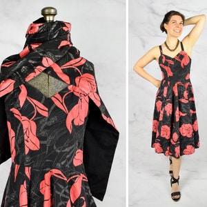 1950s Floral Sundress Size XS 50s Sleeveless Dress Large Floral Print and Scarf Vintage Pinup Dress