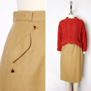 1950s Camel Pencil Skirt Size Small 50s Skirt Vintage Wool Skirt with Pockets 50s Classic Skirt