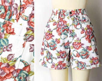 1980s Floral Shorts Size XS 80s Denim Shorts Boho Jean Shorts in White Denim