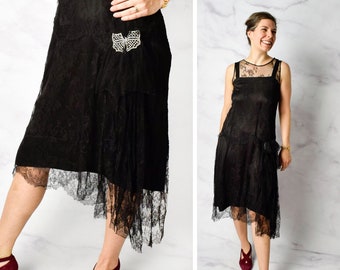 1920s Black Lace Silk Dress Size XS - Small 20s Art Deco Drop Waist Dress with Rhinestone Butterfly