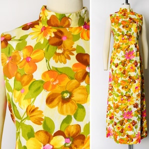 1960s Floral Gown Size Small 60s Bold Floral Print Maxi Dress High Neck Sleeveless Dress Boho Dress