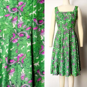 1950s Novelty Print Dress Size XS 50s Silk Fit and Flare Dress Sleeveless Green and Pink