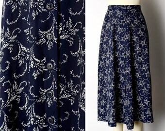 1990s Navy Midi Skirt Size Small 90s Button Front Skirt Vine Bouquet Print Boho Skirt