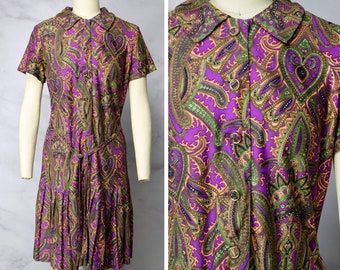 1960s Paisley Dress Size Medium 60s Boho Dress Purple and Green Groovy Dress Bohemian Dress