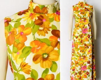 1960s Floral Gown Size Small 60s Bold Floral Print Maxi Dress High Neck Sleeveless Dress Boho Dress