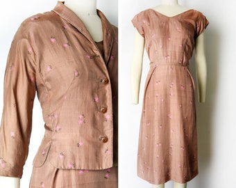 1950s Dress Set Size Medium 50s Silk Dupioni  Dress Warm Brown Floral Shift Dress