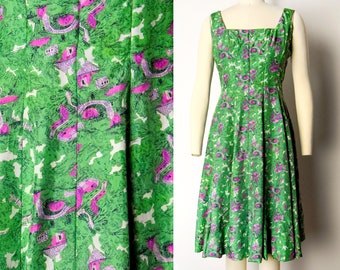 1950s Novelty Print Dress Size XS 50s Silk Fit and Flare Dress Sleeveless Green and Pink