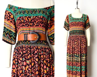 1980s Off Shoulder Dress Size Medium - Large 80s Boho Summer Dress Colorful Maxi Dress