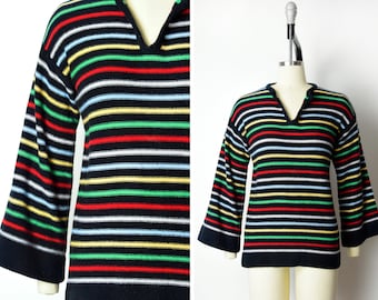 1970s Rainbow Striped Sweater Size Small 70s Bell Sleeve Pullover Jumper