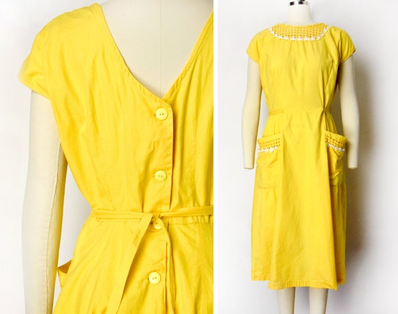 1950s Summer Dress Size XL 50s Cotton Lattice Neck