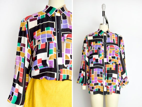 1980s Abstract Silk Blouse Size Medium 80s Rainbo… - image 1