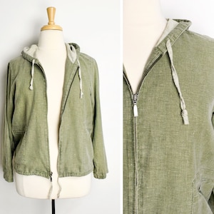 1990s Linen Blend Jacket Size Large 90s Sage Green Jacket Minimalist Jacket Lightweight Hooded Jacket