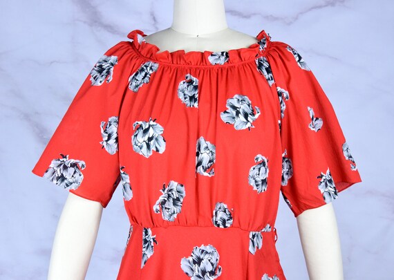 1970s Red Floral Dress Size Medium 70s Red Boho D… - image 2