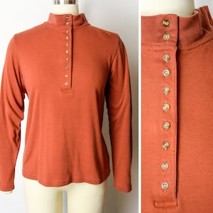 1990s Rust Henley Shirt Size Medium 90s Mock Neck Long Sleeve Tee Long Sleeve T-Shirt