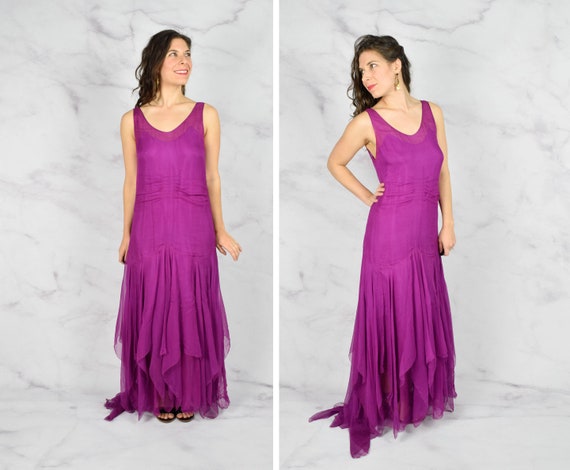 1920s Silk Chiffon Gown with Shawl Scarf Size Medi