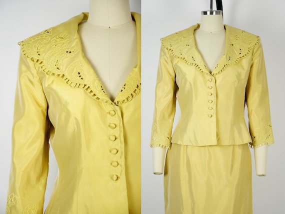 1980s Victor Costa Skirt Suit Size Medium Yellow … - image 2