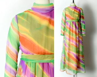 1960s Watercolor Gown Size Small - Medium 60s Abstract Rainbow Dress Long Sleeve Dress