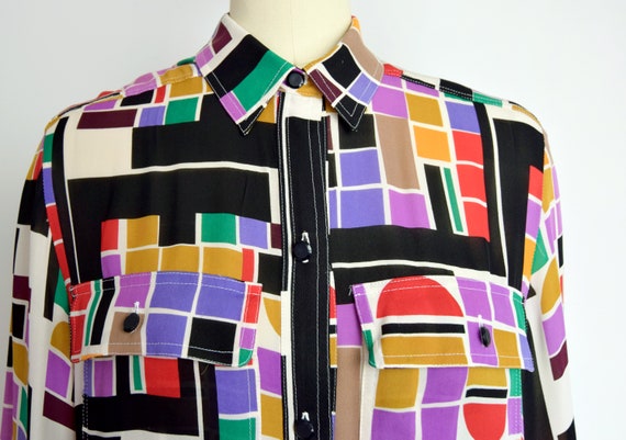 1980s Abstract Silk Blouse Size Medium 80s Rainbo… - image 6