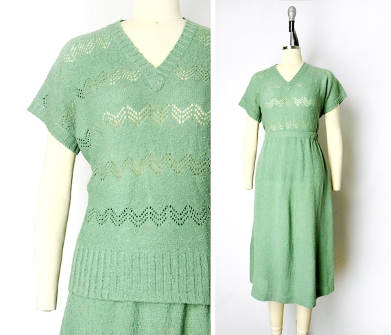 1970s Knit Set Size Medium 70s Pointelle Sweater S