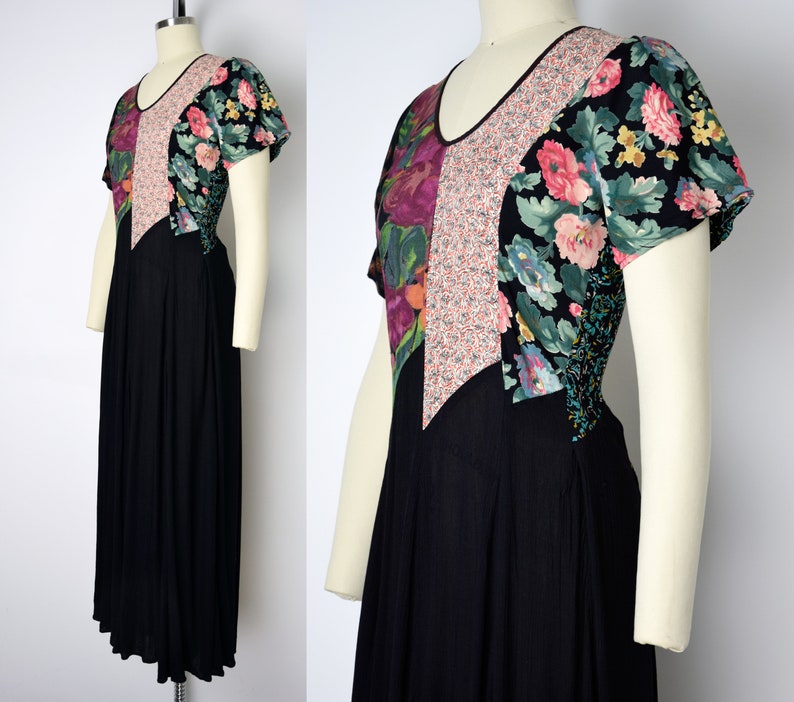 1990s Maxi Dress Size Medium Boho Patchwork Dress Rayon Maxi