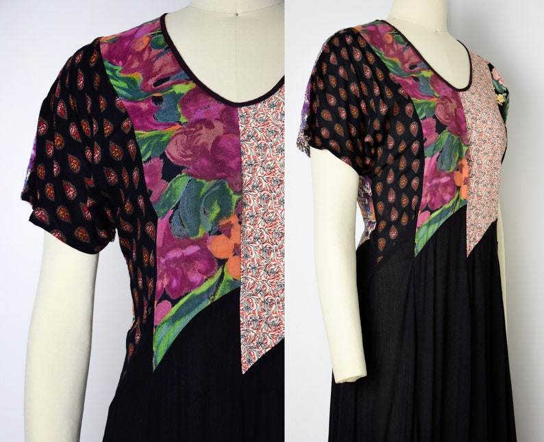 1990s Maxi Dress Size Medium Boho Patchwork Dress Rayon Maxi