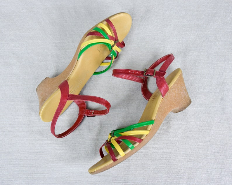 1970s Colorful Strappy Sandals in Red Yellow and Green by | Etsy