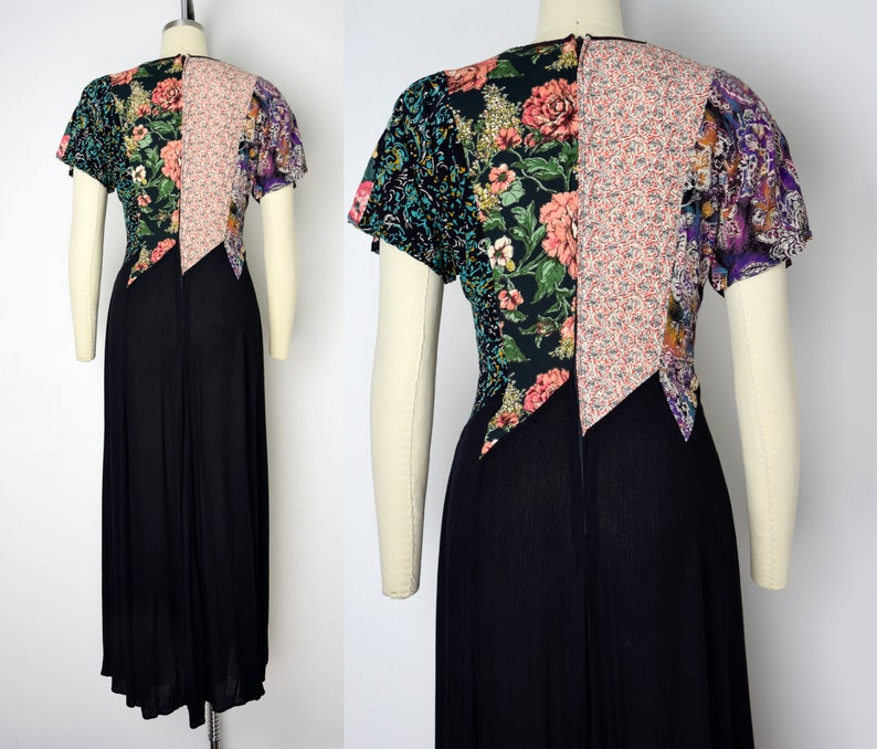 1990s Maxi Dress Size Medium Boho Patchwork Dress Rayon Maxi