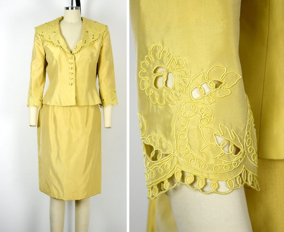 1980s Victor Costa Skirt Suit Size Medium Yellow … - image 1