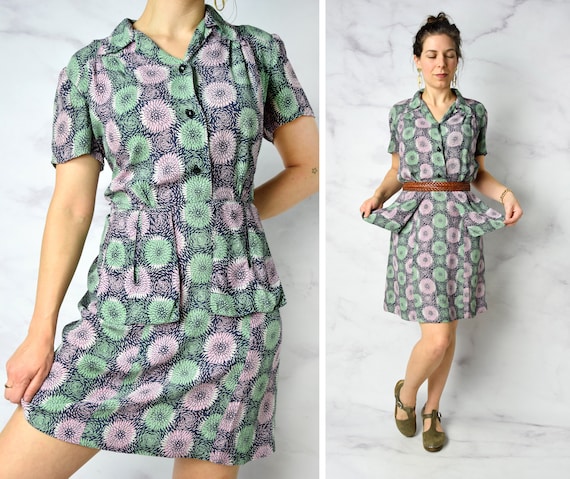 1940s Chrysanthemum Print Cold Rayon Day Dress 31"