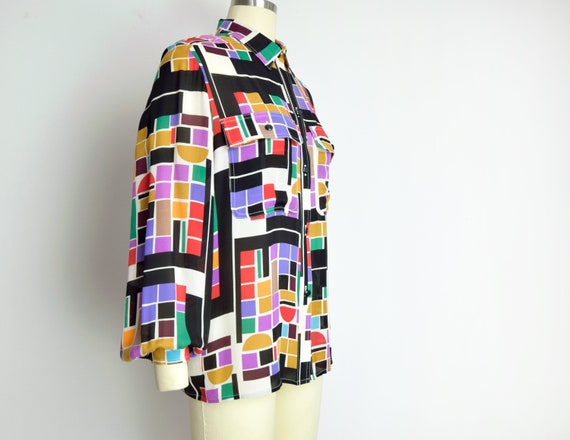 1980s Abstract Silk Blouse Size Medium 80s Rainbo… - image 2