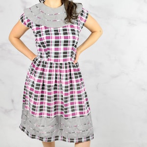 1940s Plaid Dress Size Medium 40s Summer Dress Cotton Dress Bertha Collar Pink Plaid Dress
