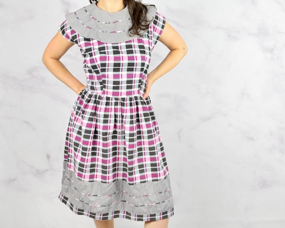 1930s Plaid Cotton Summer Dress with Bertha Collar