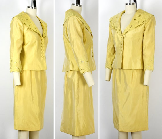 1980s Victor Costa Skirt Suit Size Medium Yellow … - image 3