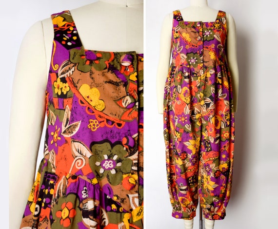 1980s Floral Cotton Jumpsuit Size XS 80s Harem Jum