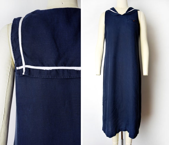 1990s Linen Sailor Dress Size Small Medium Navy Li