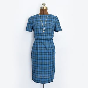 1960s Two Piece Skirt Set Size XS 60s Dress Set in Plaid Office Wear Extra Small