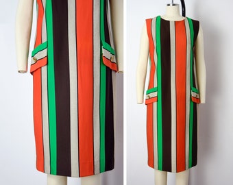 1960s Striped Shift Dress Size Medium Large 60s Mod Dress Wide Stripe Dress