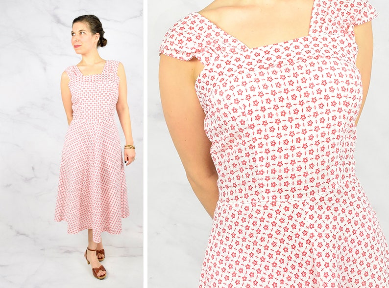 1950s Seersucker Sundress Size Small 50s Dress Star Shaped Floral Pattern Vintage Dress image 1