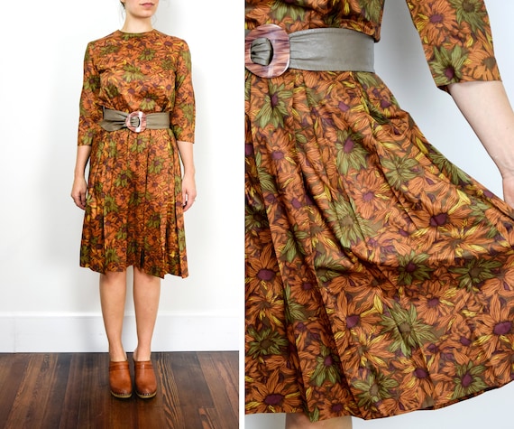 1960s Autumnal Dress Size Small 60s Fall Colors D… - image 1