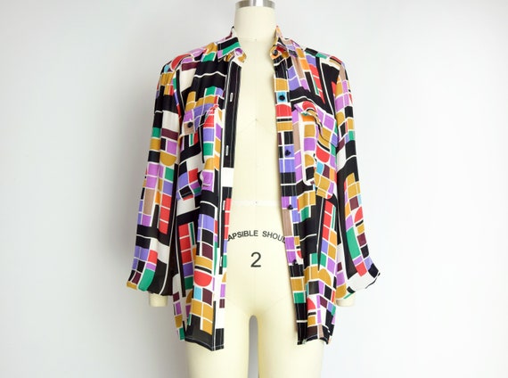 1980s Abstract Silk Blouse Size Medium 80s Rainbo… - image 3