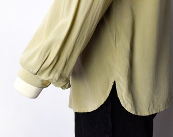 1990s Silk Blouse Size Small 90s Minimalist Blouse Khaki Blouse V Neck Long Sleeve Natural Fibers